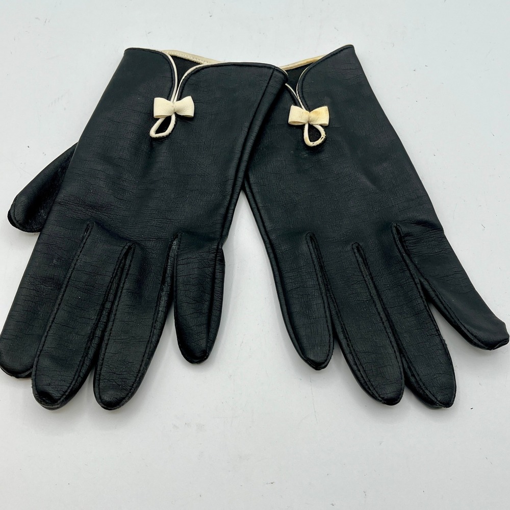 Vintage Black Leather Gloves Cream Bow Detail Sz Large Made in Japan Womens READ
